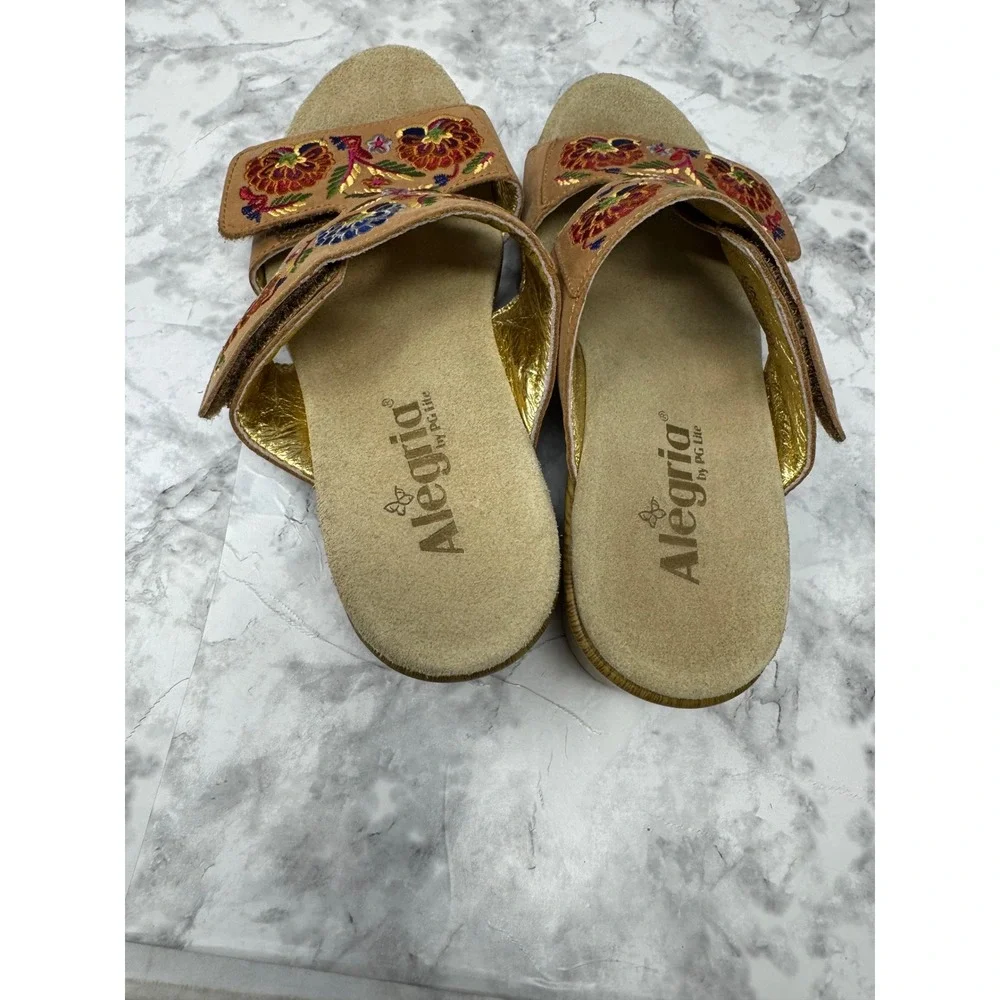 Alegria PG Lite 🦋Leather Floral Embroidered‎ Wedge Slide Sandals BOHO 38 7.5-8